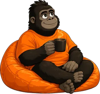 Root, the Driva Dev mascot, thinking over a coffee