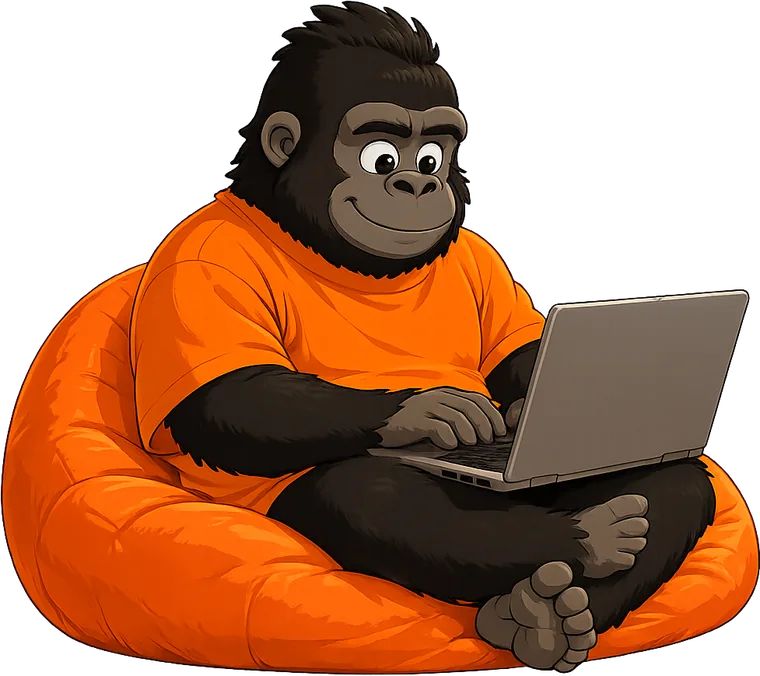 Root, la mascota de Driva Dev, programando en su notebook